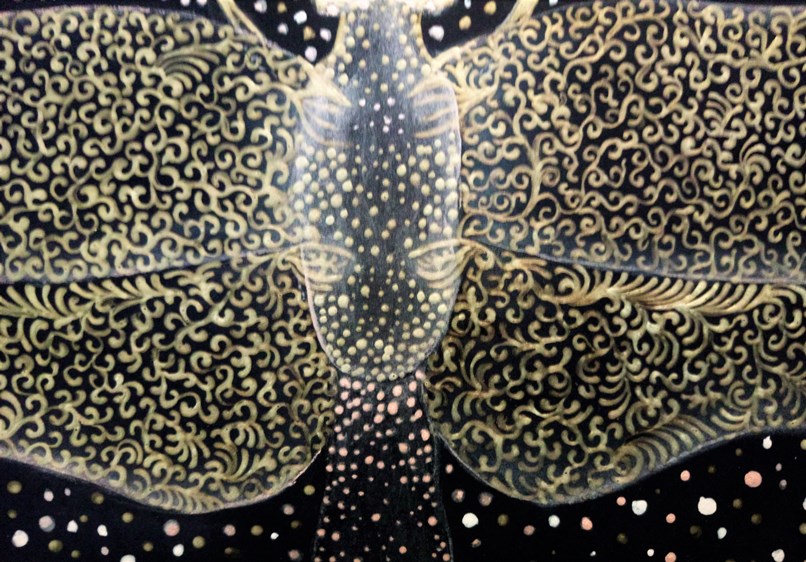 Close up of 'Golden Wings'. Painting by Shorena Ratiani. Tempera and acrylic on paper.